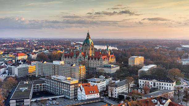 Aerial view of the City Hall of Hannover at evening, Germany